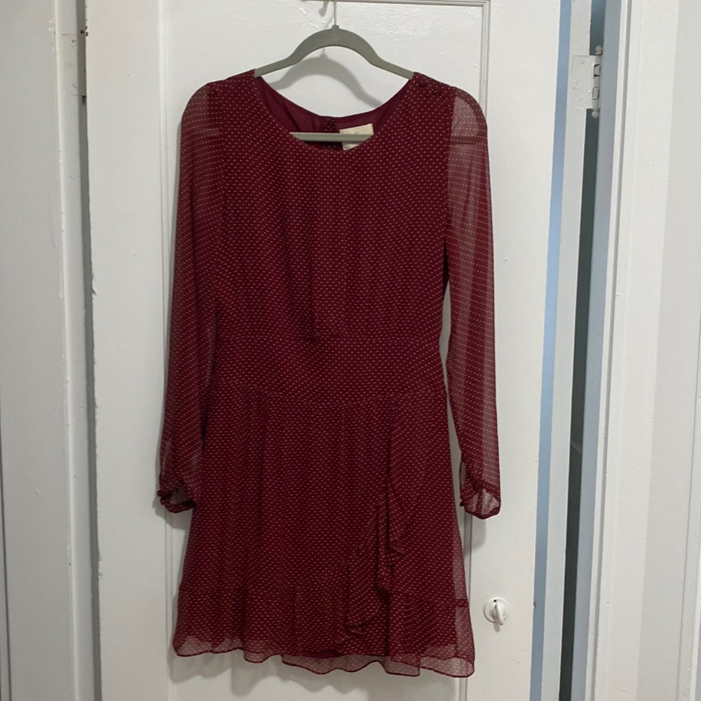 NWT Sezane Doria Robe Dress Ecru Dots Burgundy Red Long Sleeve Mini Size 6